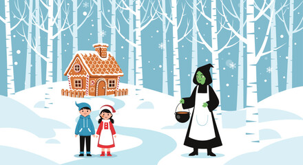 Naklejka premium A classic fairytale scene illustrating Hansel and Gretel meeting an old witch in a snowy forest with a gingerbread house vector.