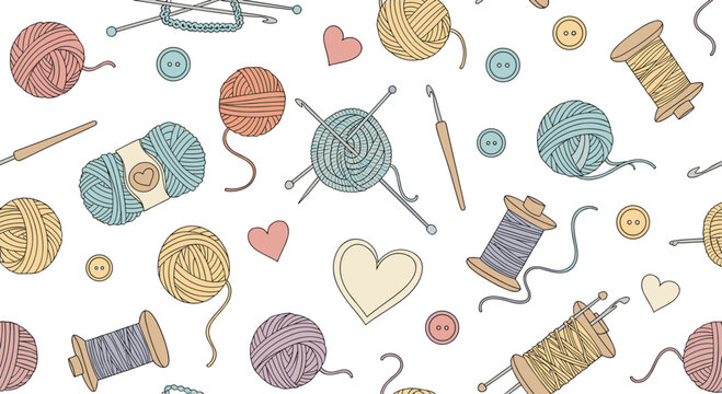 A charming seamless pattern of knitting and sewing supplies, including yarn, thread, needles, and buttons, in a pastel color palette.