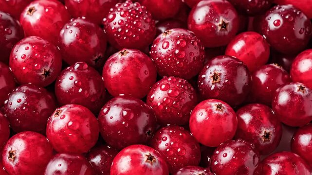 Fresh Cranberries with Water Droplets - This vibrant video showcases a close-up view of fresh, ripe cranberries.