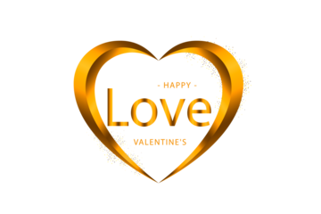 Elegant golden heart with "Happy Love Valentine's" text and sparkling particles, isolated on transparent background, perfect for romantic celebrations and graphic design.
