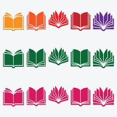 Colorful collection of open book icons representing education, knowledge, and learning