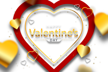 Happy Valentine's Day greeting with golden hearts and red frame, celebrating love and romance, isolated on transparent background for graphic design.