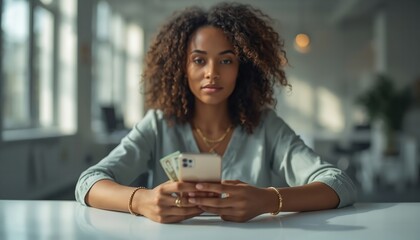 A young woman sitting at a table holding cash and using her smartphone with a thoughtful expression