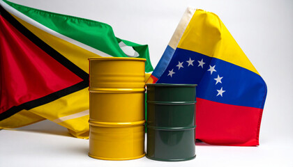 Venezuela and Guyana flags. Oil conflict