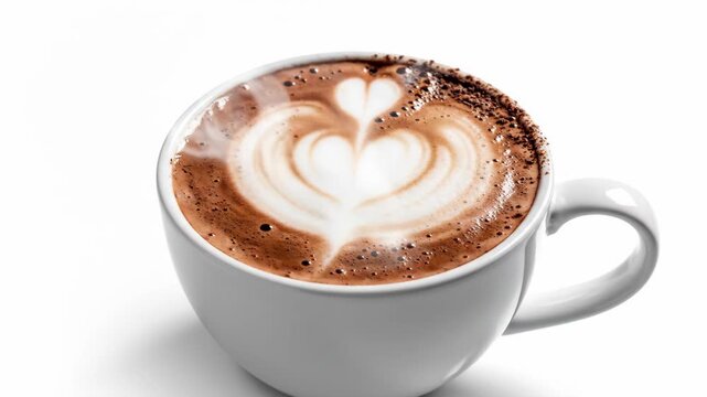 Latte Art Heart in White Mug - A close-up shot shows a white ceramic mug filled with a latte, featuring latte art in the shape of a heart. The rim of the cup has sprinkles of cocoa powder.