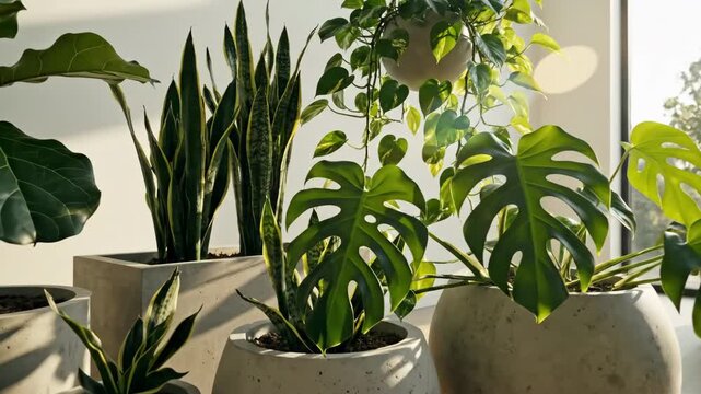 Indoor Plant Collection in Concrete Pots - This video shows a collection of various indoor plants potted in modern concrete containers, creating a serene and natural atmosphere.