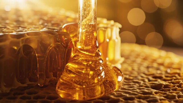 Golden honey dripping slowly from a dipper onto a honeycomb in warm, soft light.