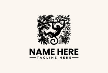 A black logo illustration of a monkey hanging from a branch surrounded by tropical leaves and flowers on a beige background with a placeholder text for a company name and tagline. © vectorvovdesign