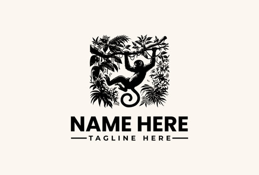 A black logo illustration of a monkey hanging from a branch surrounded by tropical leaves and flowers on a beige background with a placeholder text for a company name and tagline.