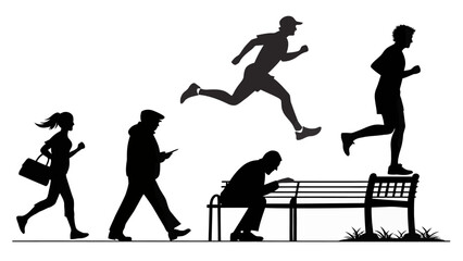 People in various states of motion and activity in urban setting