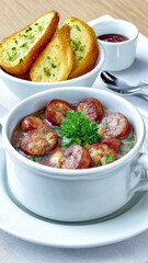 A bowl of sausage soup with a savory broth, served with fresh garlic bread.