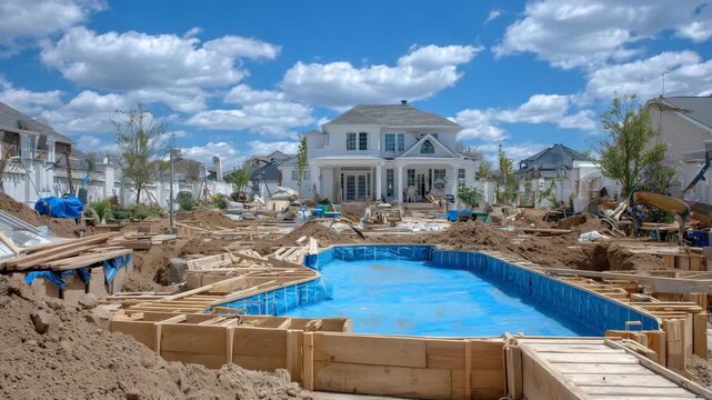 324Wide shot of backyard swimming pool under construction, wooden planks outlining the shape, dirt and construction area, home beside site, bright sunny day with fluffy clouds in sky