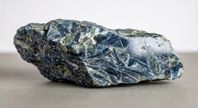 Glaucophane schist sample with characteristic blue fibrous crystals and foliated metamorphic structure.
