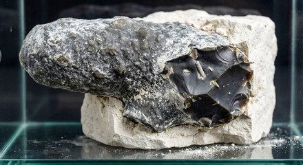 Dark gray microcrystalline flint nodule embedded in a white soft porous chalk carbonate rock substrate.