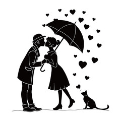 Romantic couple with umbrella and hearts