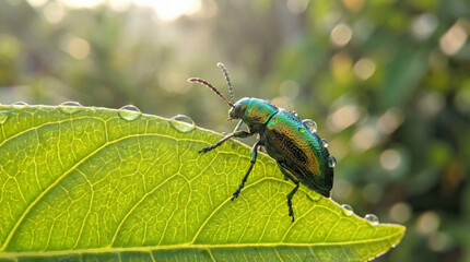 Naklejka premium A beetle with a shiny, iridescent green and gold shell on a bright green leaf of a plant. Droplets of dew are visible on the leaf and on the beetle itself, sparkling in the light.