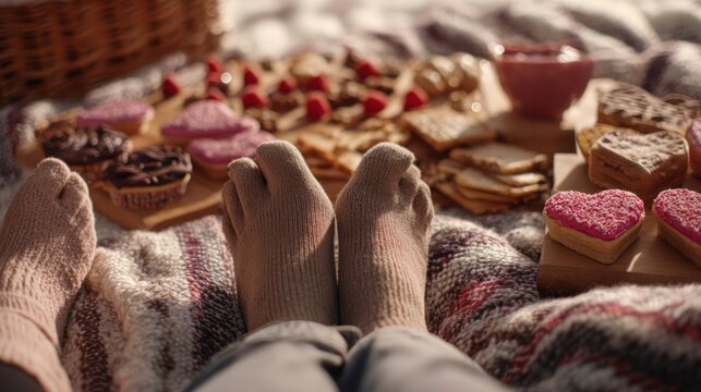 A close-up of a couple's feet intertwined on a cozy blanket, with a picnic spread and heart-shaped treats nearby, 8k, realistic, full ultra HD, high resolution, cinematic photography