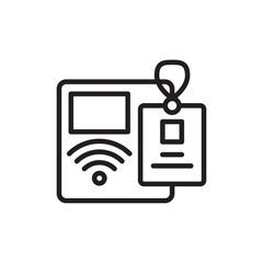 Industrial badge reader icon featuring an RFID wireless signal sensor and a proximity ID card, symbolizing secure personnel authentication, automated facility access control, and digital attendance.