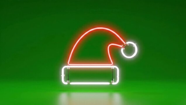 Neon santa hats falling down on green background, festive holiday decoration, christmas lights, glowing red and white, animated motion, floating objects, winter celebration, joyful