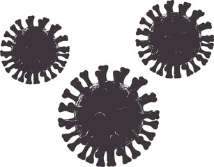 Three dark gray coronavirus particles with spike proteins editable