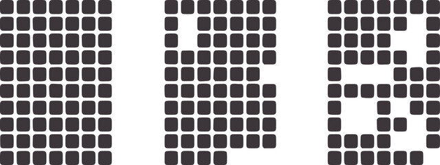 Three progressive minimalist black square grid patterns