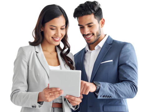 young business woman and man working on tablet isolated on transparent background. - Powered by Adobe