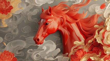 The red horse on a grey background. Modern illustration mimicking the look of digital silk painting. Lunar New Year symbolism.