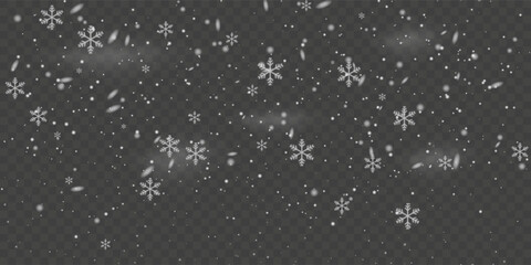 Soft white snowflakes drift across a transparent background, creating a calm winter snowfall scene with varied flake sizes and gentle depth, perfect for a cold, festive atmosphere. PNG snowfall.