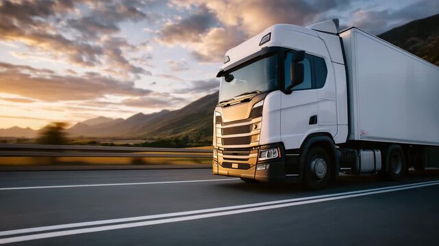 356Truck viewed from low angle driving on empty asphalt, golden sunset reflecting on side panels, distant hills and long shadows emphasizing open-road journey