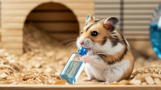 Adorable hamster drinking from water bottle in cute animation