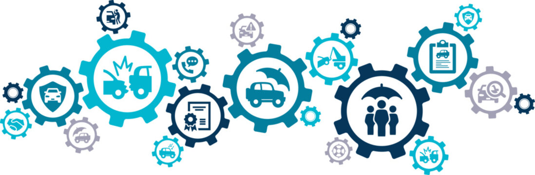 car / auto insurance vector. Blue concept with icons related to insuring a motor vehicle - liability coverage - damage protection for automotive collision, roadside assistance, hail or theft damage.