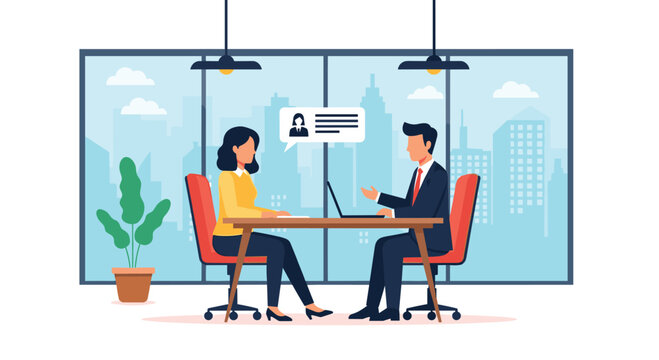 Human resources manager conducting a job interview with a female candidate in a modern office with a city view.