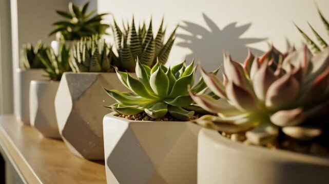 Indoor Succulent Garden - A low-angle shot showcases a row of various succulent plants potted in minimalist geometric white pots, sitting on a wooden shelf.