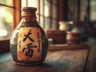 traditional sake bottle on wooden table