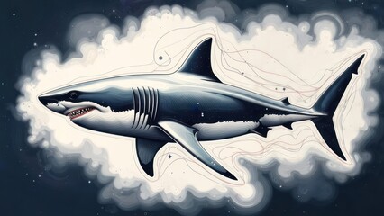 Great white shark in a cosmic swirl
