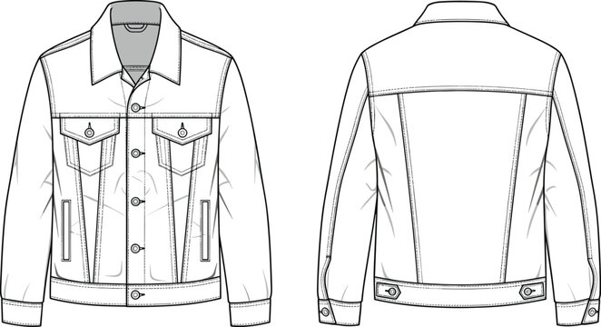 Classic Unisex Denim Trucker Jacket Fashion Flat Technical Sketch Template, Front and Back View, Outline Vector Illustration, Apparel CAD Design Specification.