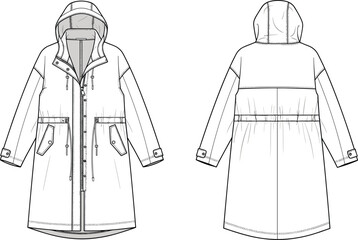 Long Women's Parka Jacket Fashion Flat Technical Sketch Template, Front and Back View, Outline Vector Illustration, Outerwear Apparel CAD Design. © Art_By_Shoriphul
