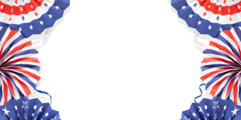 Festive Patriotic Frame with Red White and Blue Paper Fans Isolated on Transparent Background. Concept for Independence Day Celebrations, USA National Holidays, and Election Day Marketing Visuals