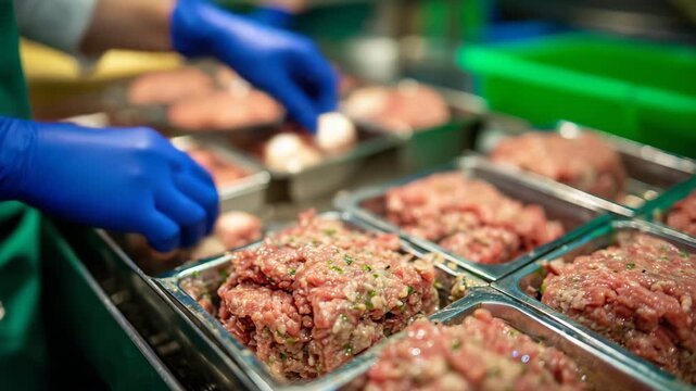6High-resolution image of blue-gloved hands arranging portions of raw minced meat into transparent trays, pink tones of meat contrasting with soft green background