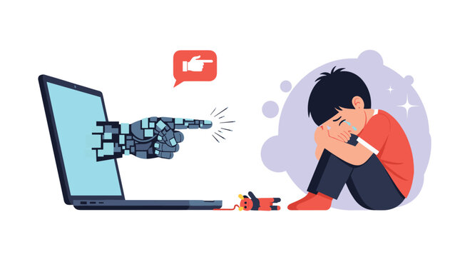 Crying child being cyberbullied by a robotic hand pointing out from a laptop screen, representing online harassment.