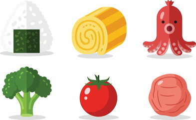 Flat design set of 6 bento box foods rice ball tamagoyaki omelet octopus sausage broccoli floret cherry tomato and pickled plum