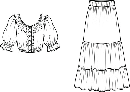 Women's peasant blouse and tiered maxi skirt technical fashion illustration, ruffled neck and cuffs, puff sleeves, high waist, romantic look.