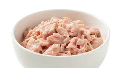 Shredded canned tuna fish in a white bowl ready for use in salads sandwiches or other delicious dishes png with transparency