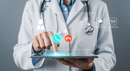 Doctor using digital tablet interface for virtual healthcare communication appointment scheduling remote patient care technology concept