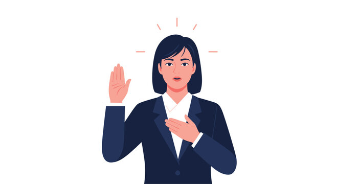 Businesswoman in a suit making a solemn promise or taking an oath with one hand raised and the other on her chest.