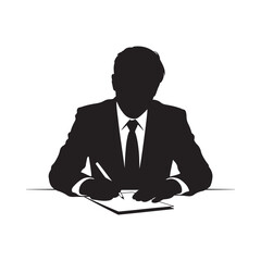 Silhouette of a businessman writing at a desk focused on paperwork