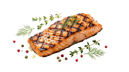 Grilled salmon fillet garnished with herbs and spices on a white background with colorful peppercorns on white and transparent