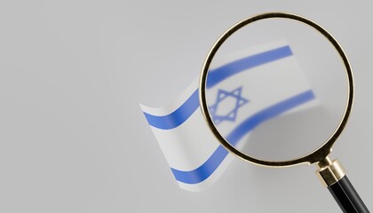flag of israel with magnifying glass over the top, plain background