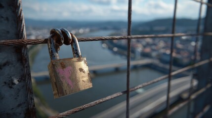 A close-up of a love lock attached to a bridge, with a scenic background of the river and cityscape, 8k, realistic, full ultra HD, high resolution, cinematic photography