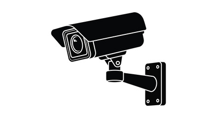 A detailed depiction of a black security camera mounted on a wall presented as a silhouette